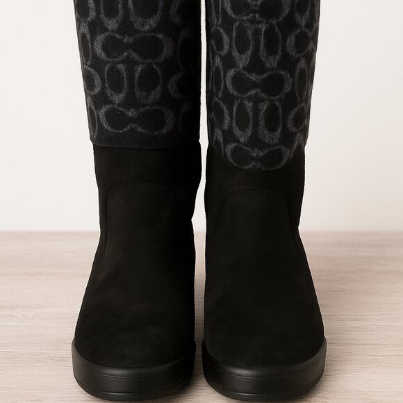 Coach Signature Suede Knit Logo Mid-Calf Boots Black Gray Women’s Cozy Winter - Picture 2 of 12